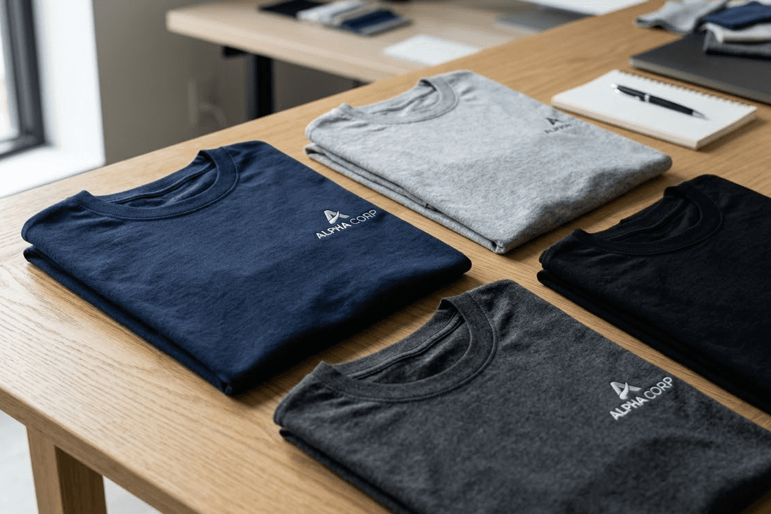 Camisetas personalizadas corporativas organizadas sobre mesa com textura de tecido visível