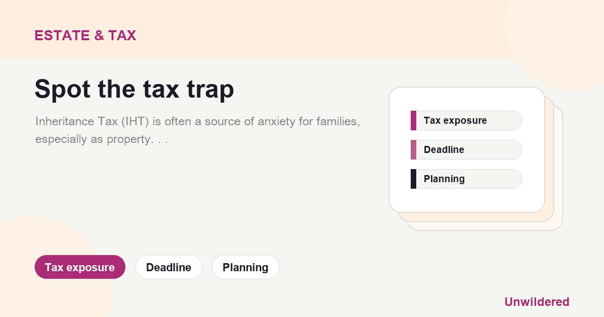Explainer card for Inheritance Tax Planning: Reducing Your Estate's Tax Burden: Tax exposure, Deadline, Planning.