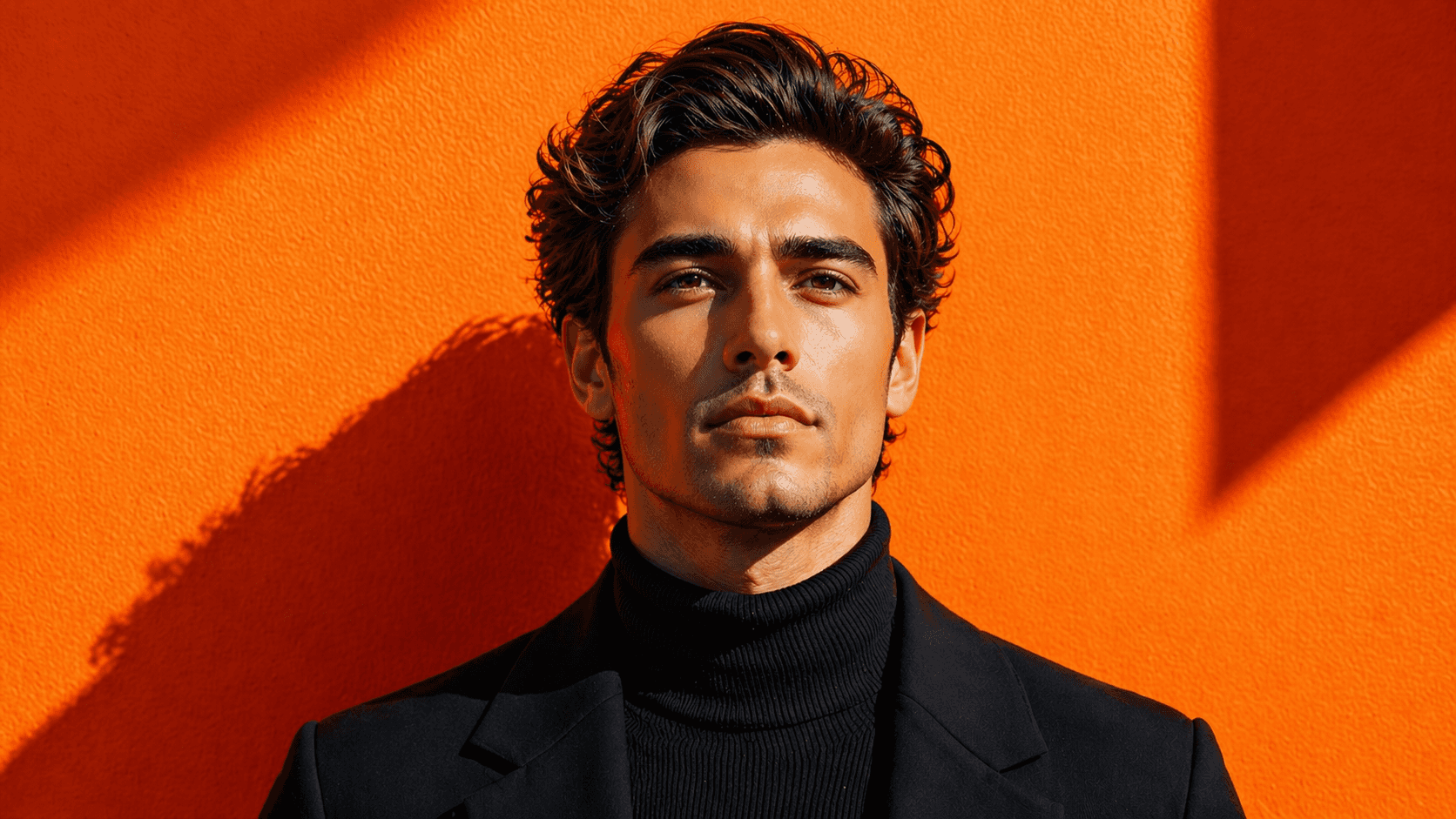 Confident man portrait in black turtleneck and blazer on orange background