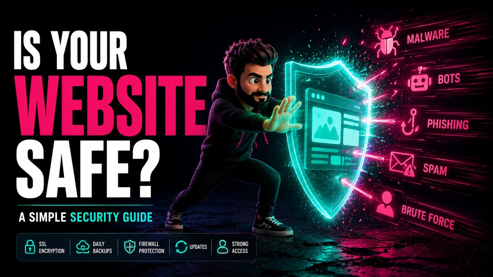 A cartoon character using a glowing shield to protect against various cyber threats like malware and phishing, with bold text asking, "Is Your Website Safe?" and keywords such as SSL encryption and firewall protection highlighted.