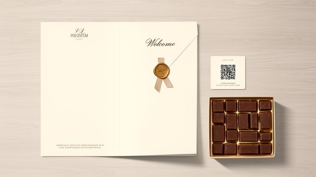 Elegant hotel welcome package with a personalized note, chocolates, and a QR code on a light wooden background.