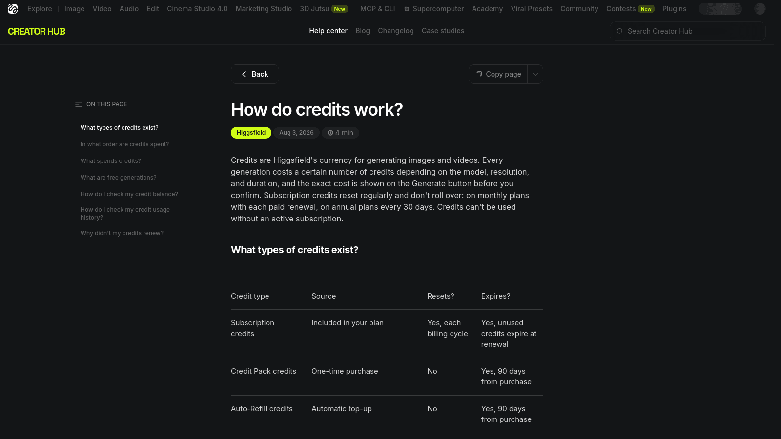 Higgsfield Creator Hub help page explaining how credit systems work for generating images and videos.