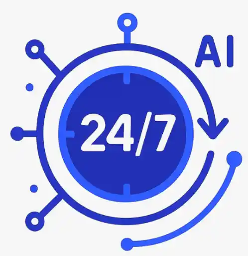Icône représentant un agent IA disponible 24 heures sur 24, 7 jours sur 7, fonctionnement continu sans interruption