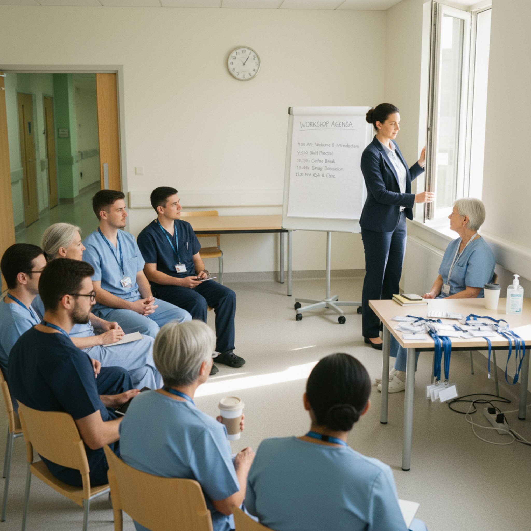 Ein Schulungsraum mit aufgestellten Stuhlreihen und einem sauber beschrifteten Flipchart. Namensschilder liegen ordentlich auf einem Tisch bereit. Eine Dozentin öffnet die Fenster, während erste Teilnehmende leise Platz nehmen. Die Atmosphäre ist fokussiert, freundlich und professionell.