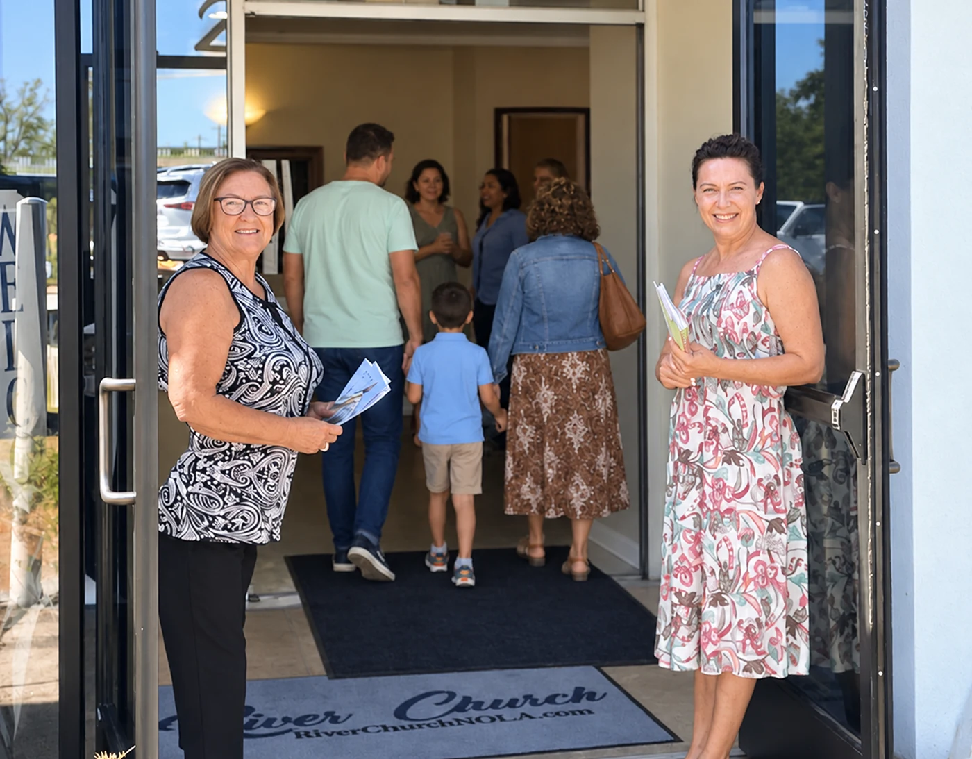 Two greeters welcoming a family through the River Church entrance