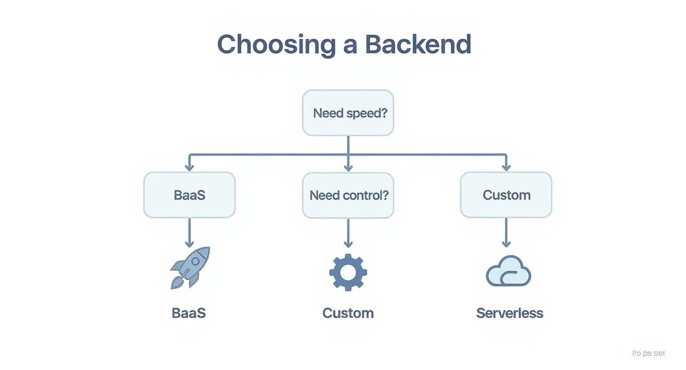Infographic decision tree for choosing a backend approach based on speed and control.