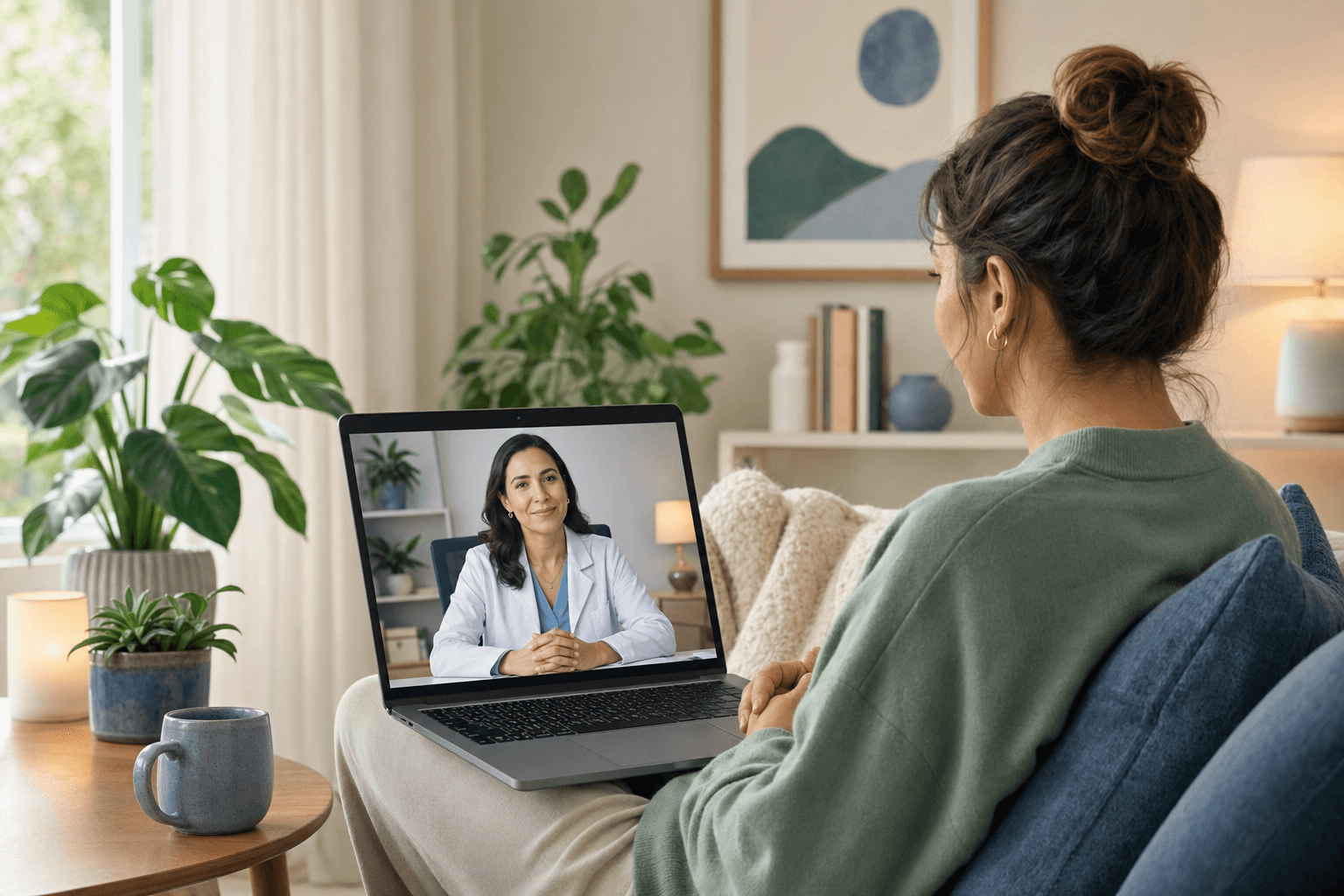 A clean, modern illustration showing a person sitting comfortably at home with a laptop, having a video call with a healthcare professional on the screen. The setting is warm and calming with soft lighting, houseplants, and a cozy atmosphere. The scene conveys accessible telehealth psychiatric care from home. Professional, clinical, and reassuring mood with a minimalist style using calming blues and greens.