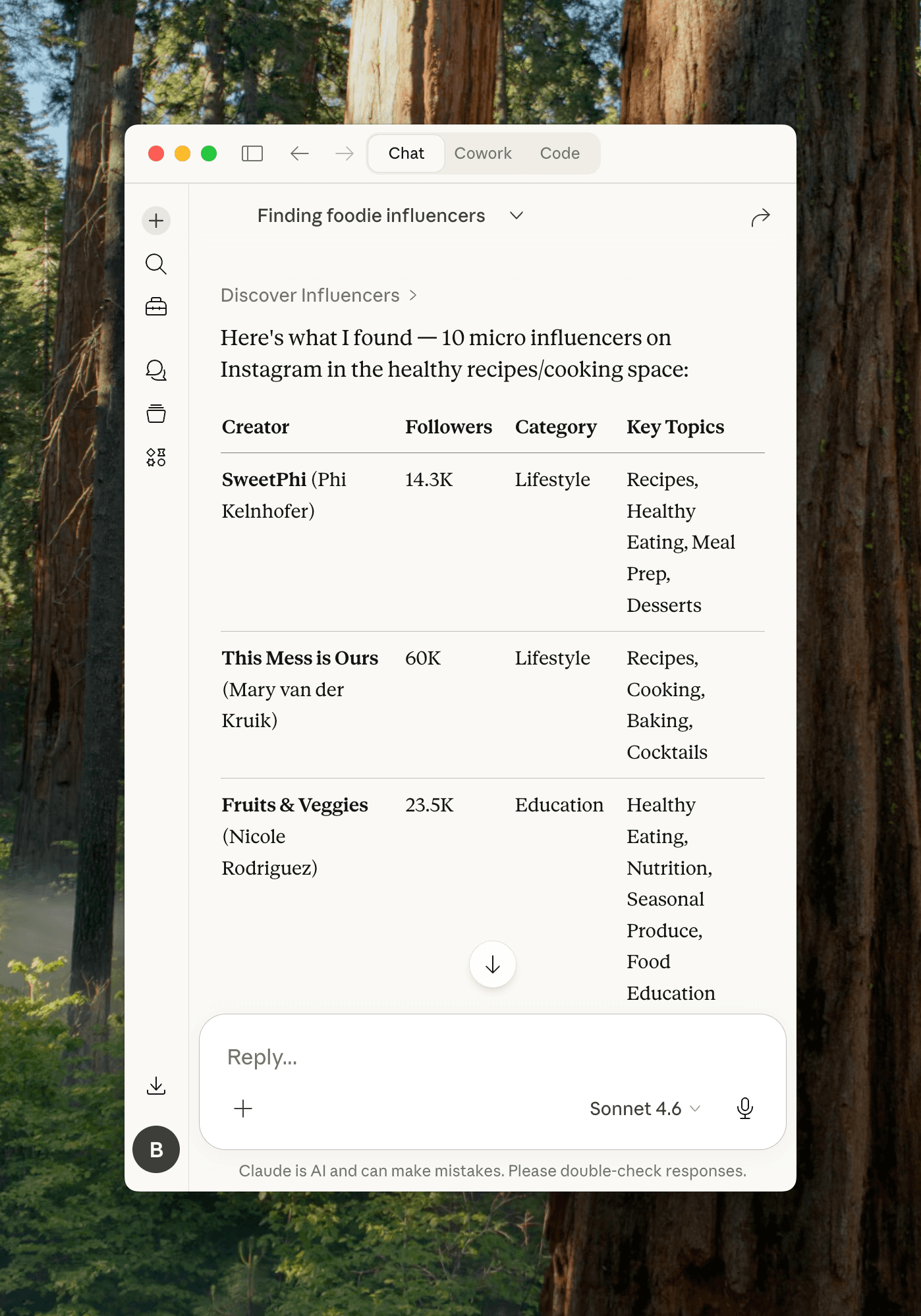 Claude helps find influencers in plain english