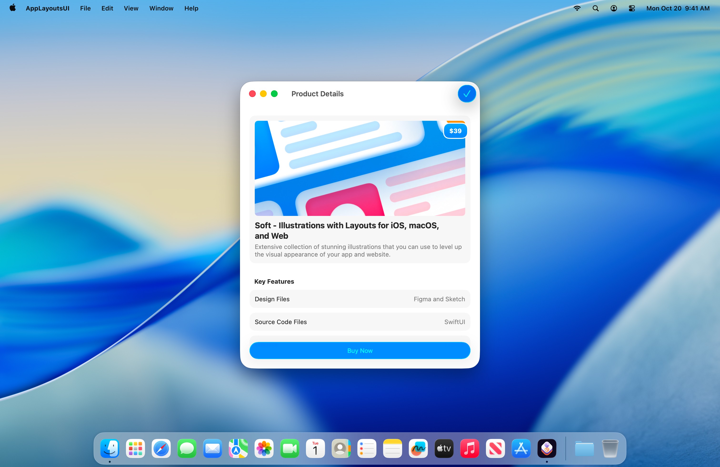 AppLayoutsUI Product Details screen on macOS.