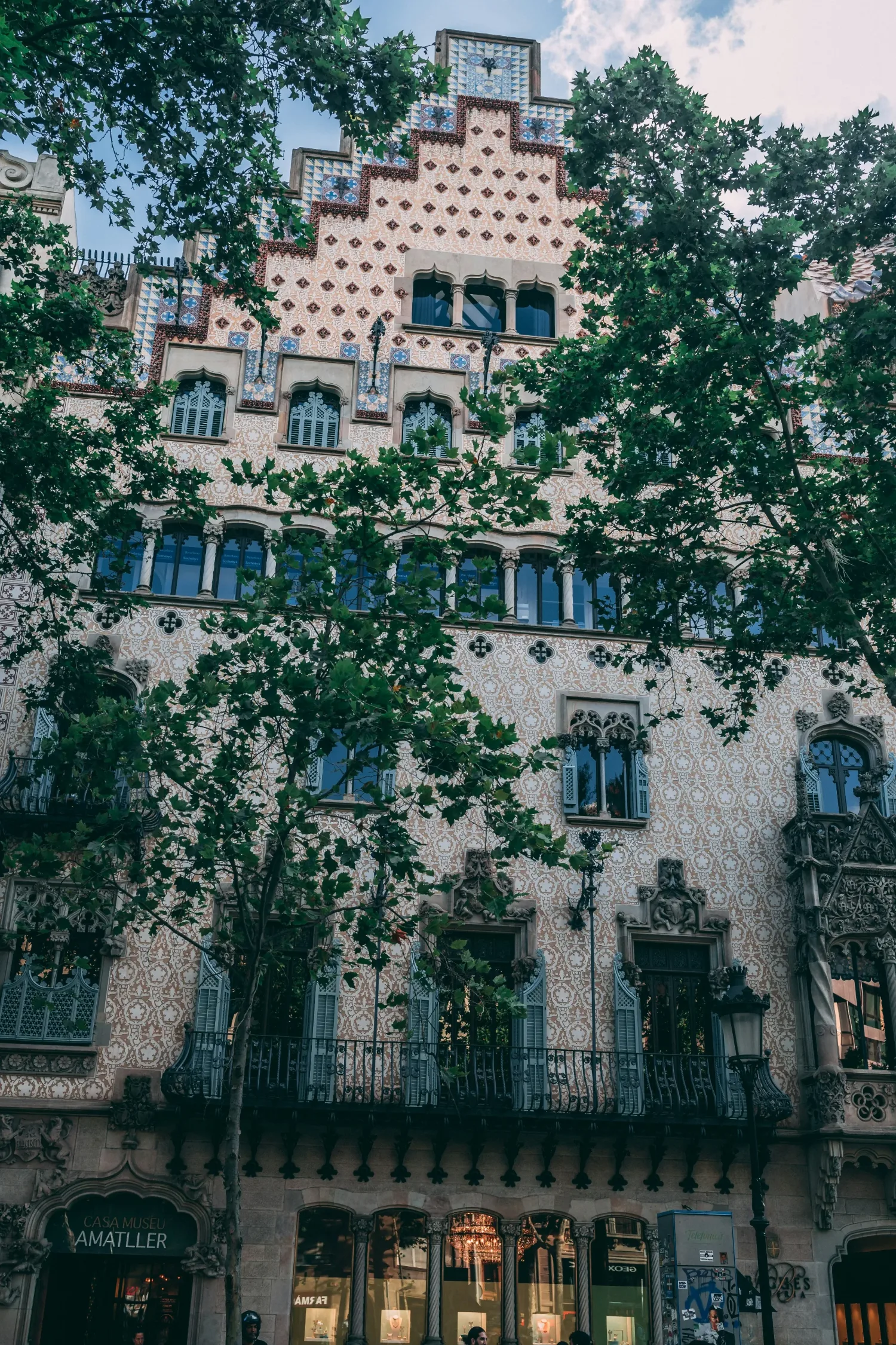 Casa de les Punxes, a striking modernist building in Barcelona, Spain, with ornate facade and rooftop details.