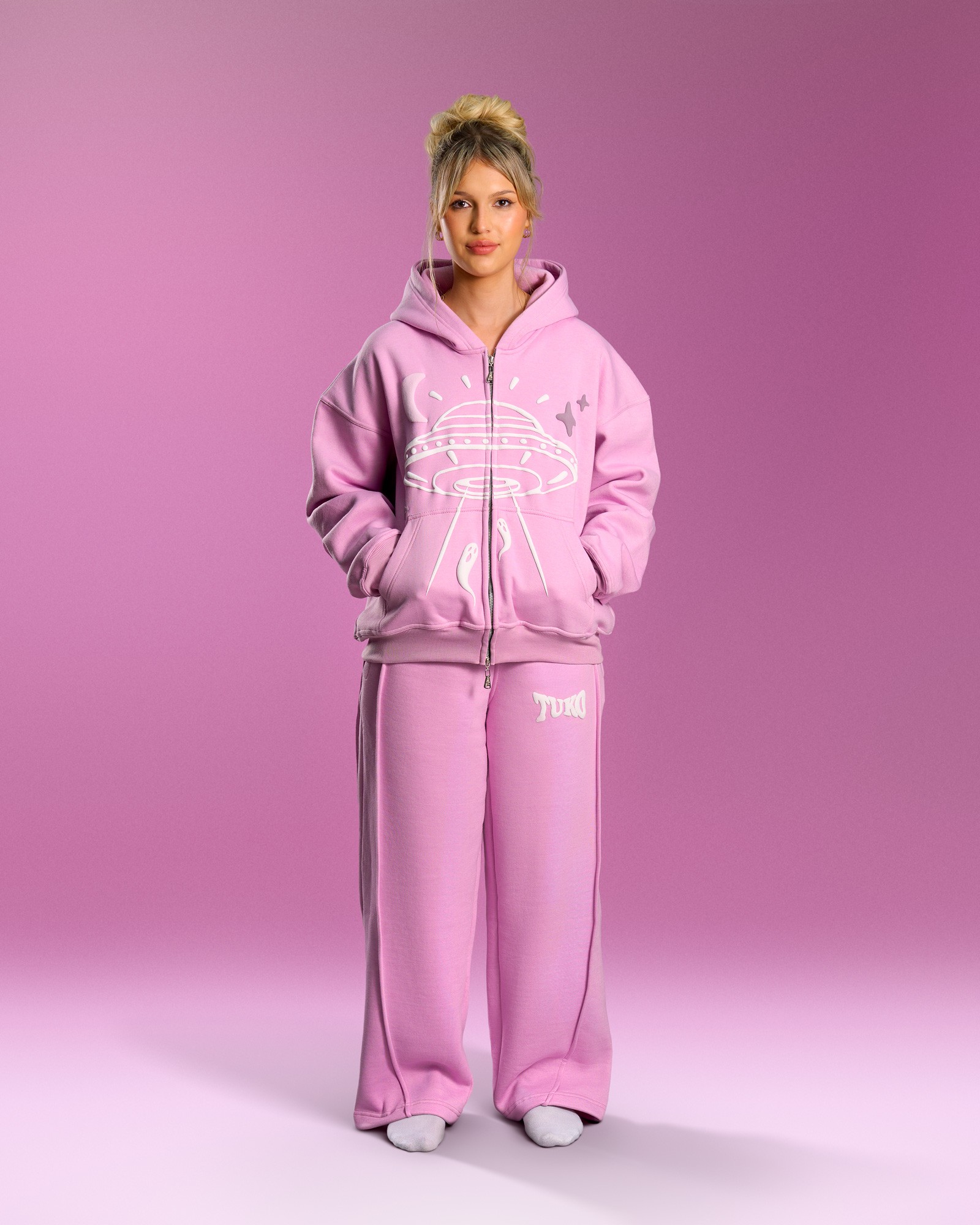 Tuko Clothing Pink Dandadan inspired tracksuit photographer by Matthew Brown (London product photographer).