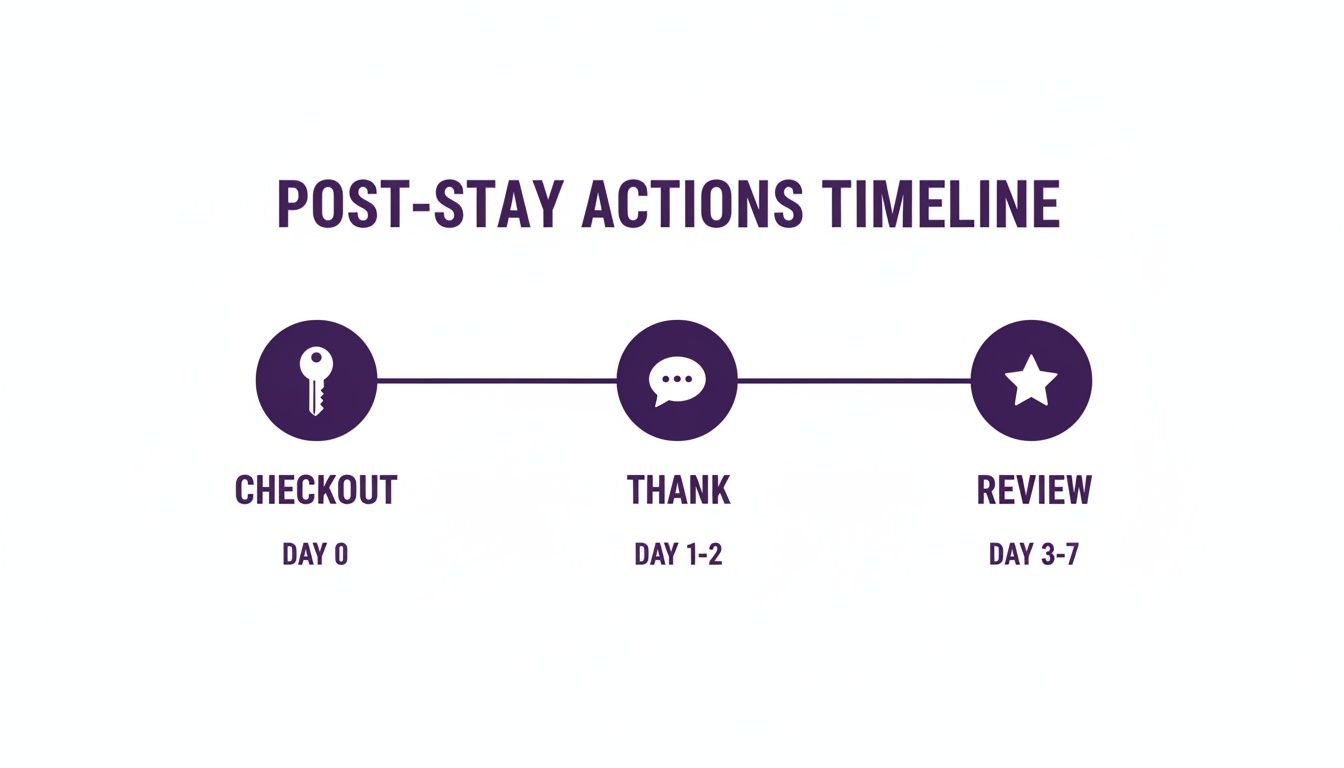 A purple and white timeline illustrating post-stay actions: checkout, thank, and review, with associated days.