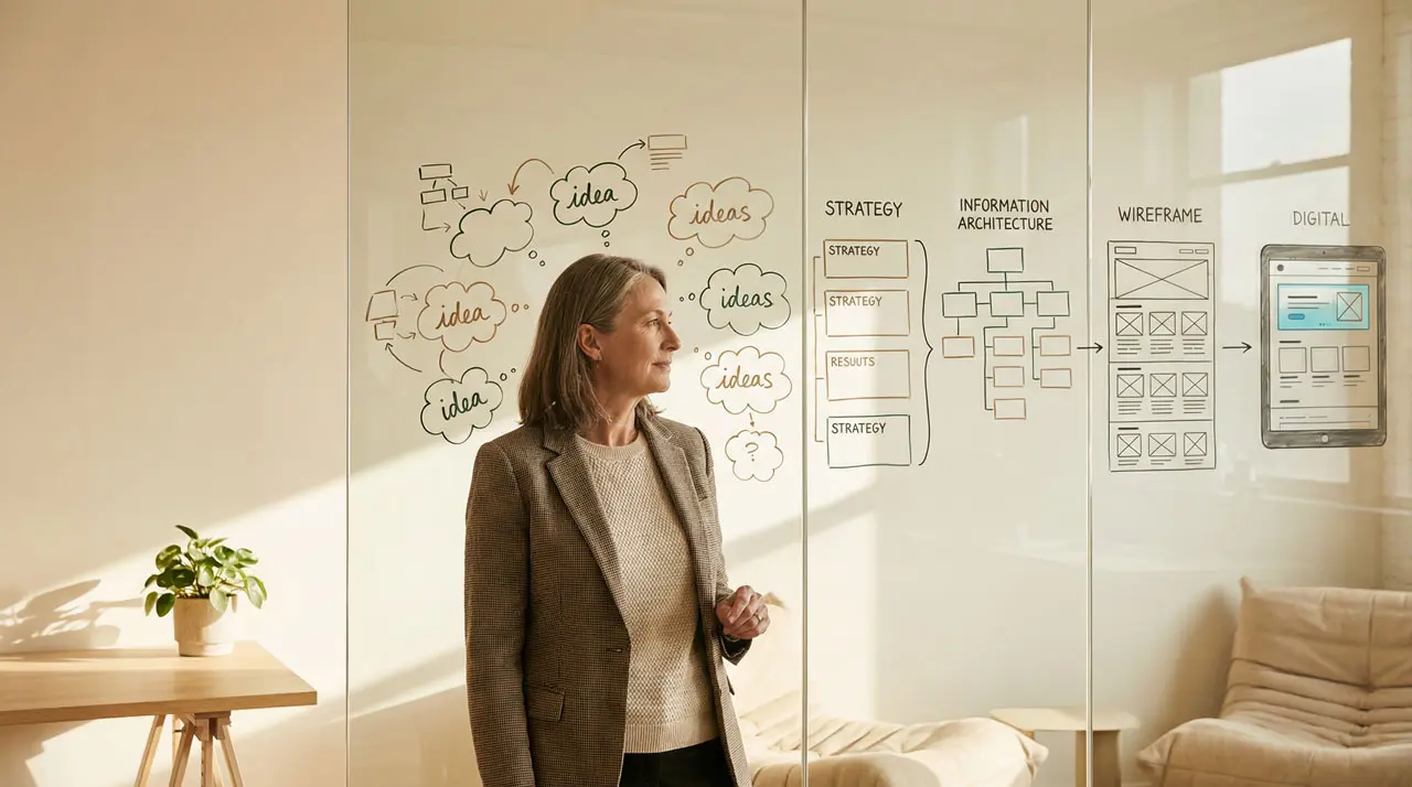 Una diseñadora UX Senior en su estudio, con un esquema conceptual de los cinco elementos del diseño de Jesse James Garrett proyectado en la pared de fondo.