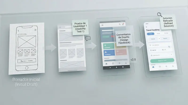 Iteración de diseño UX que muestra la evolución de wireframes a interfaces refinadas a partir de pruebas de usabilidad y retroalimentación de usuarios en un proyecto de certificación de Google.