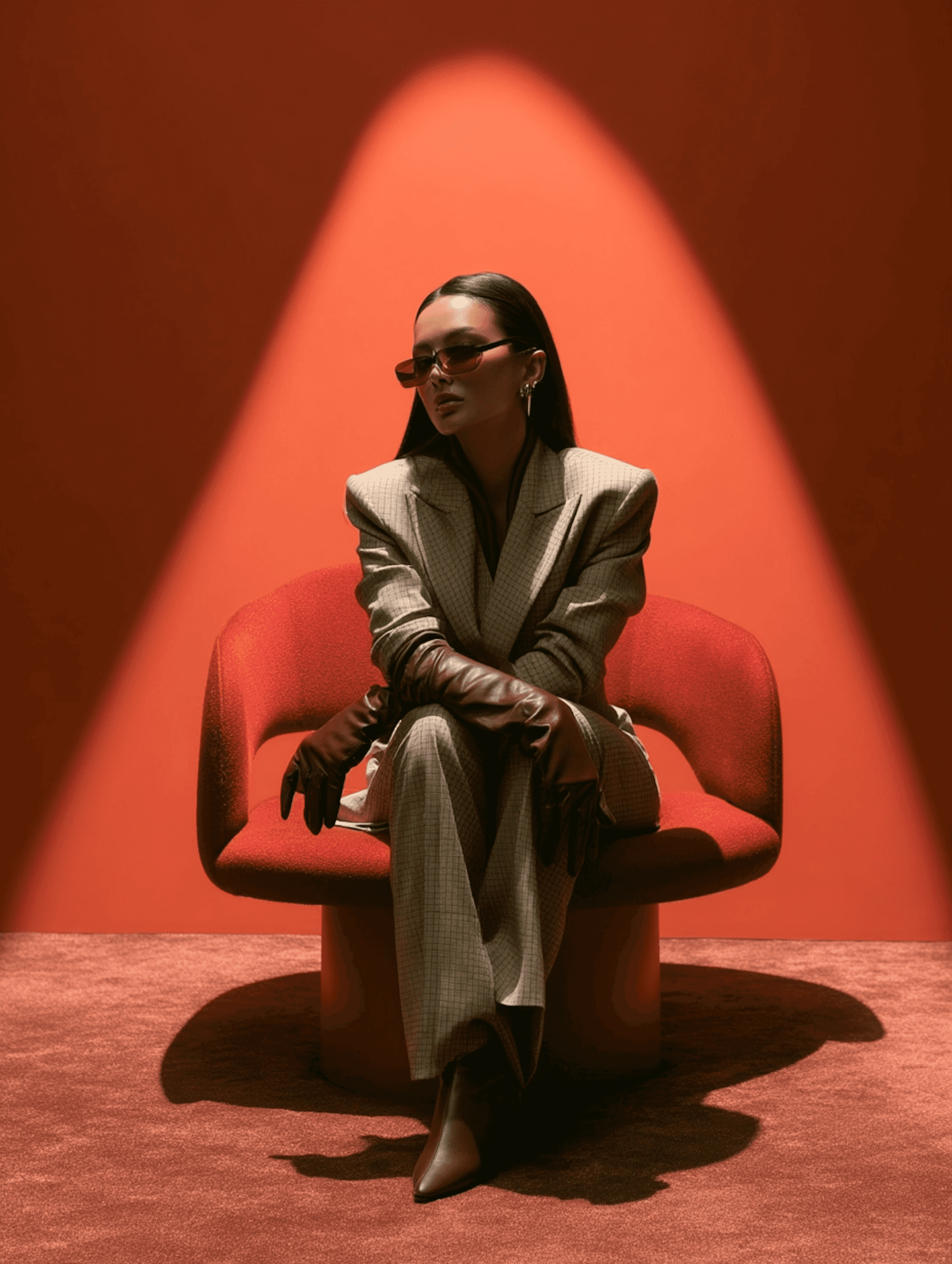 A person in a beige suit and brown gloves sits on a red chair against an orange backdrop, exuding modern elegance and style.