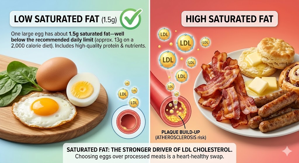 A split-screen health infographic comparing the saturated fat content of whole eggs versus processed breakfast foods, illustrating their differing impact on LDL cholesterol and heart health.