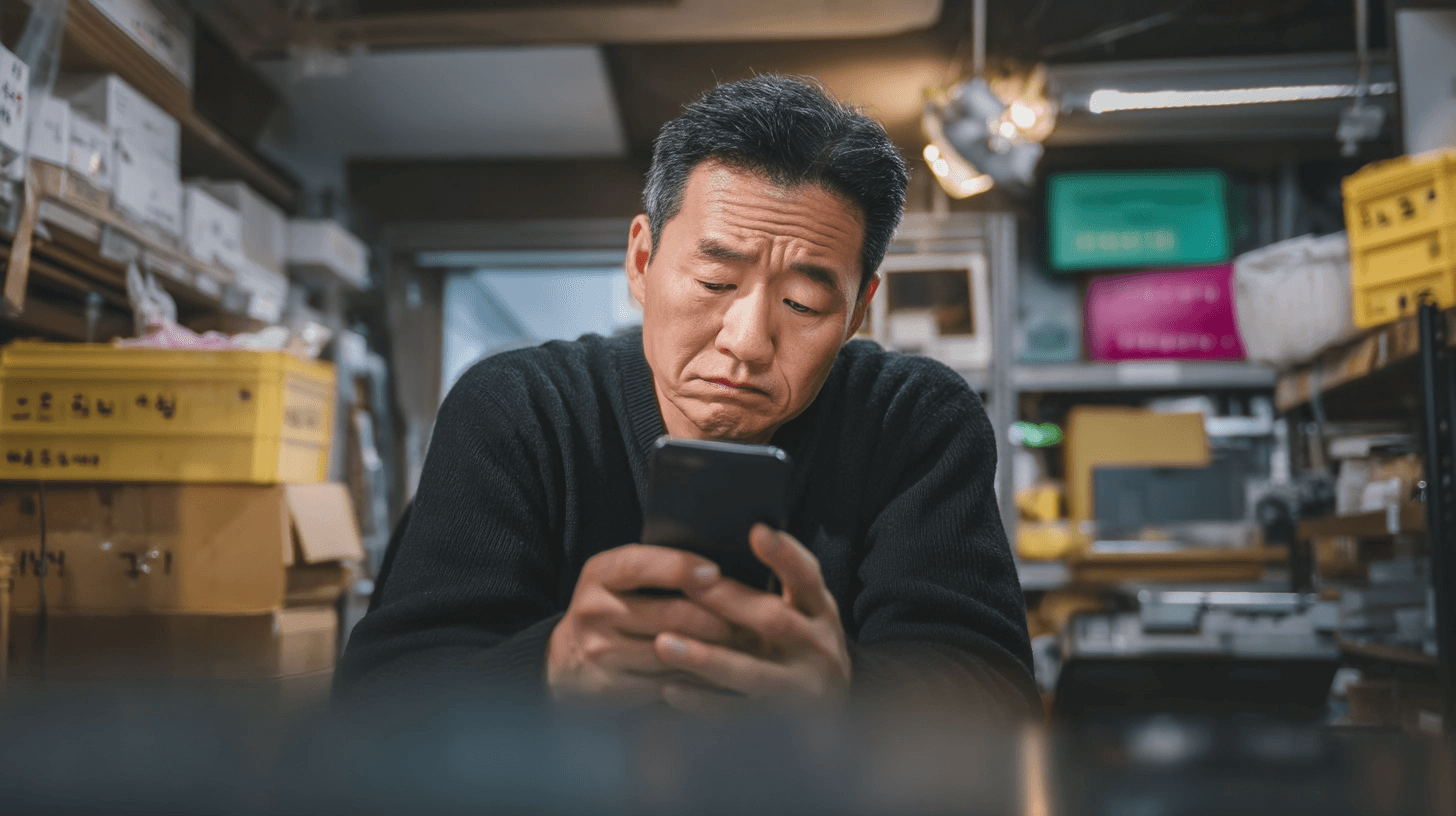 매장 창고에서 스마트폰을 바라보며 걱정스러운 표정을 짓고 있는 소상공인 사장님의 모습입니다.