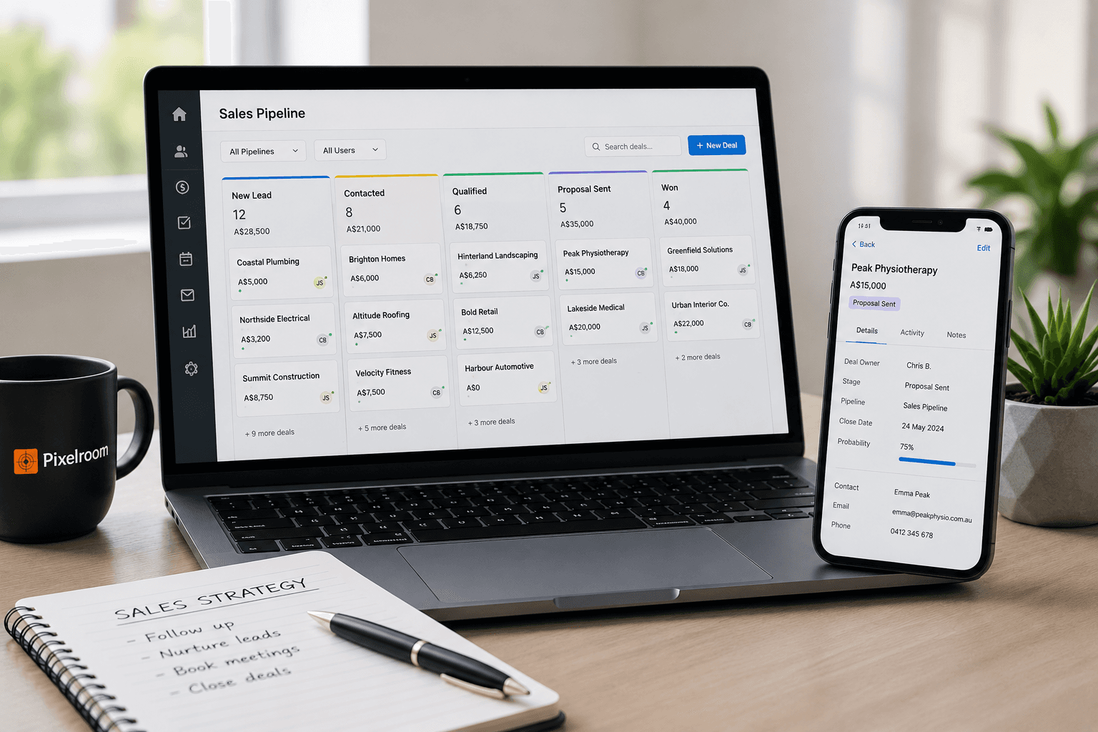 CRM sales pipeline displayed on a laptop and smartphone, showing opportunities moving through the sales process.