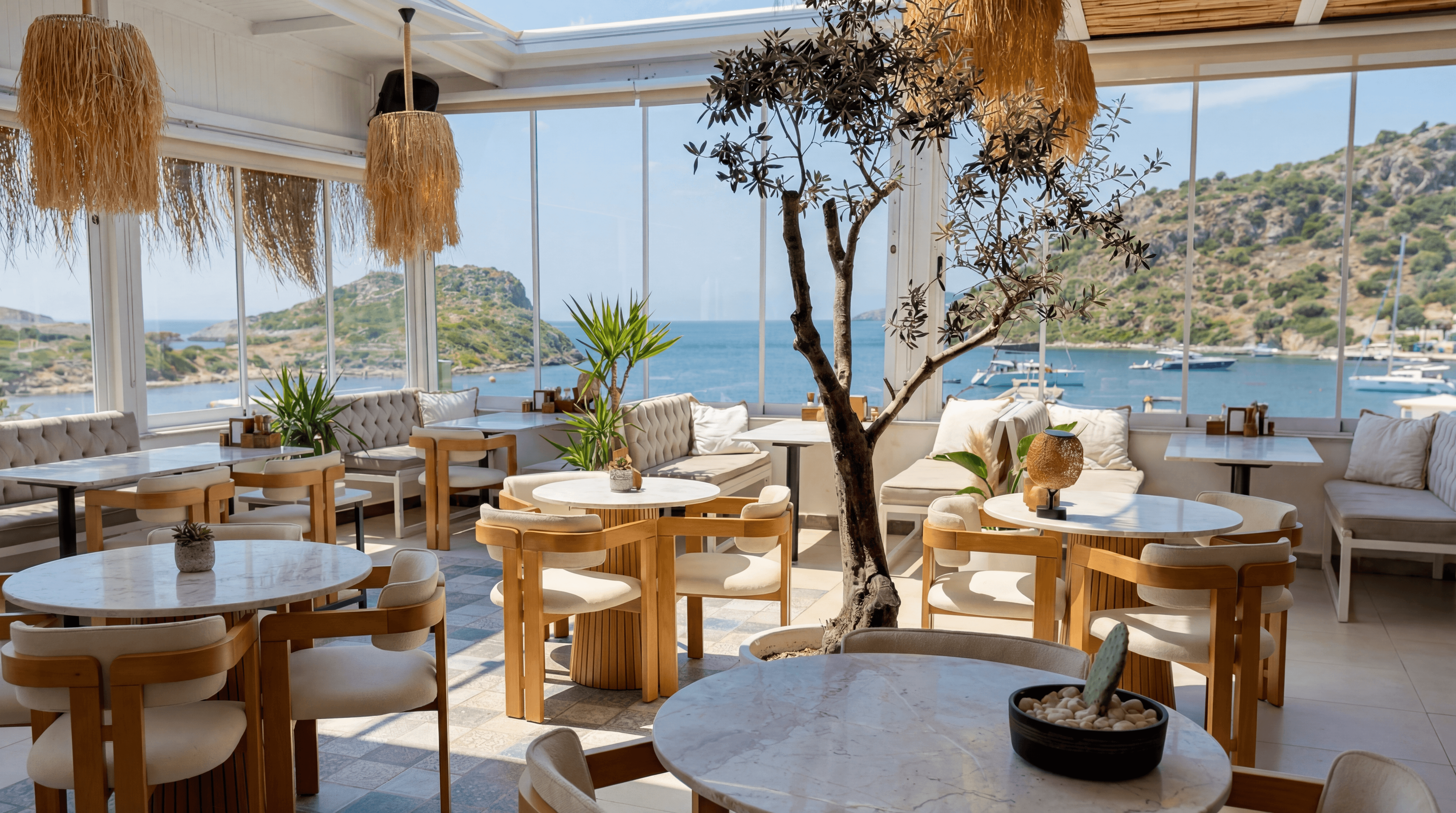 Gumusluk Balik Pisirme Evi outdoor seating with colorful chairs and garden setting in Bodrum local seafood cooking experience