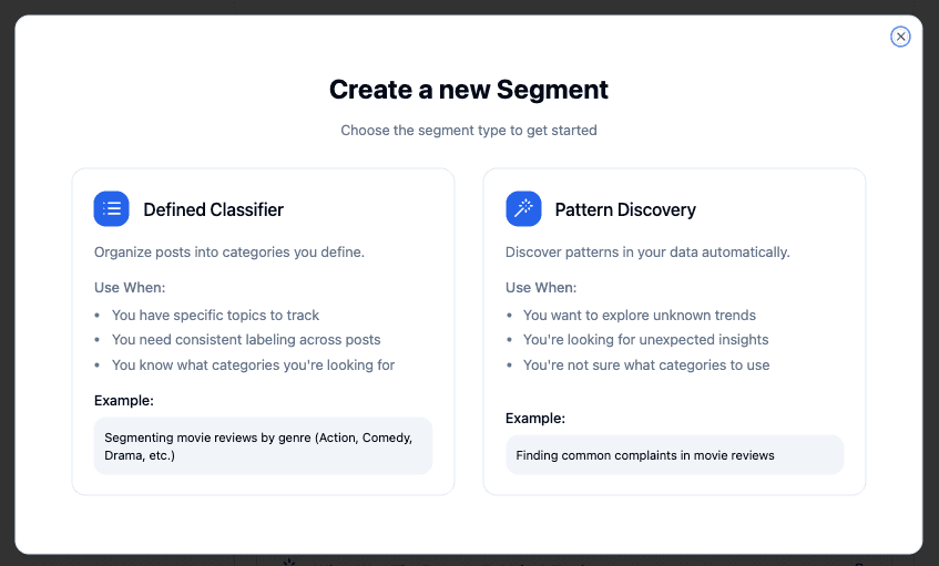 HiveSight Dashboard showing custom segment and custom pattern creation