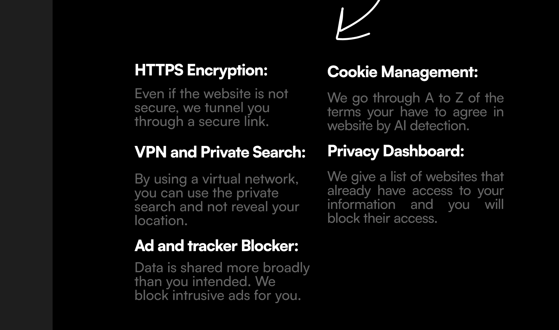 Each feature answers a researched expectation: HTTPS encryption, VPN & private search, ad/tracker blocking, cookie management, privacy dashboard.