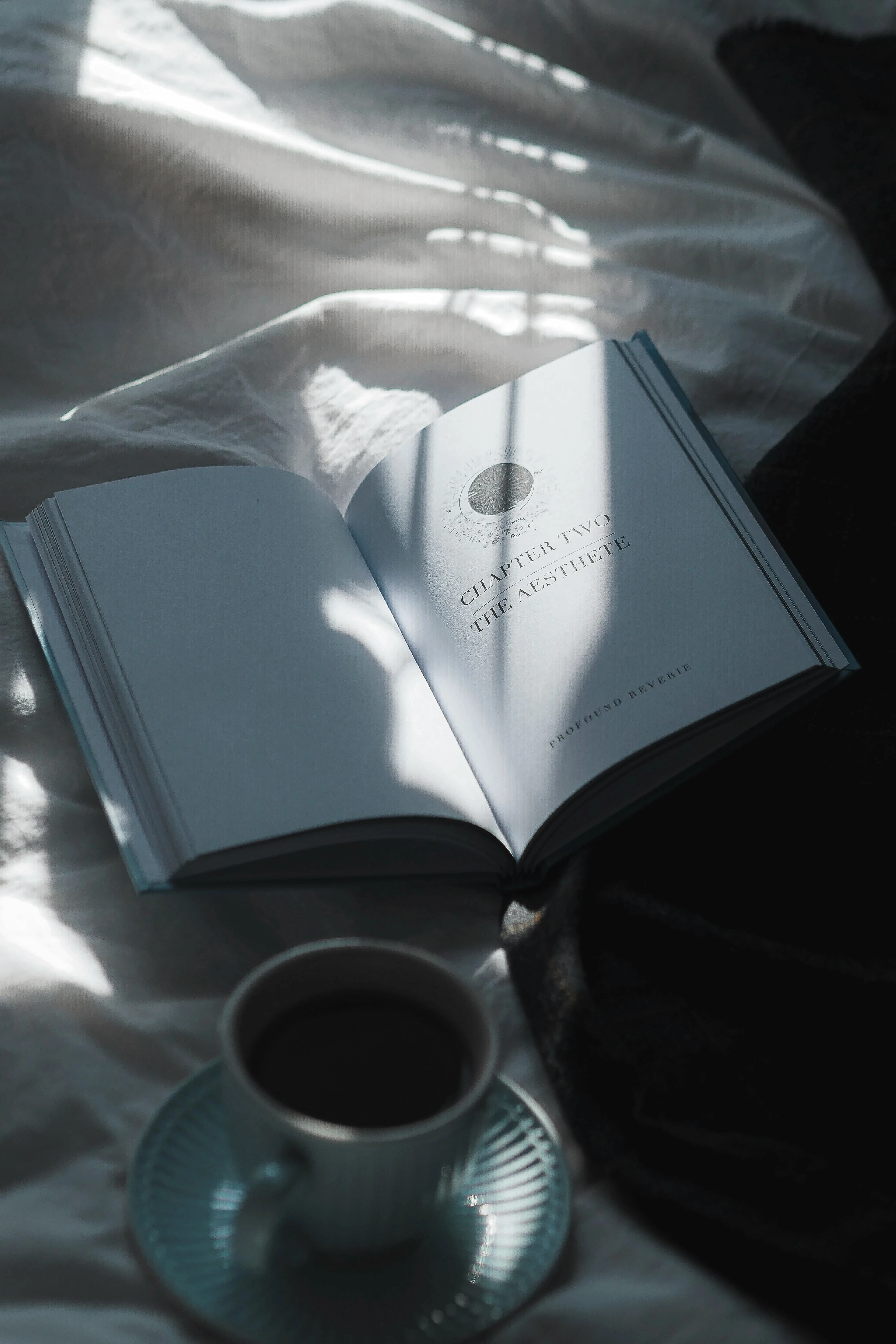 Open book resting on soft white bedding with morning sunlight streaming through a window, symbolizing reflection, personal growth, and emotional healing.