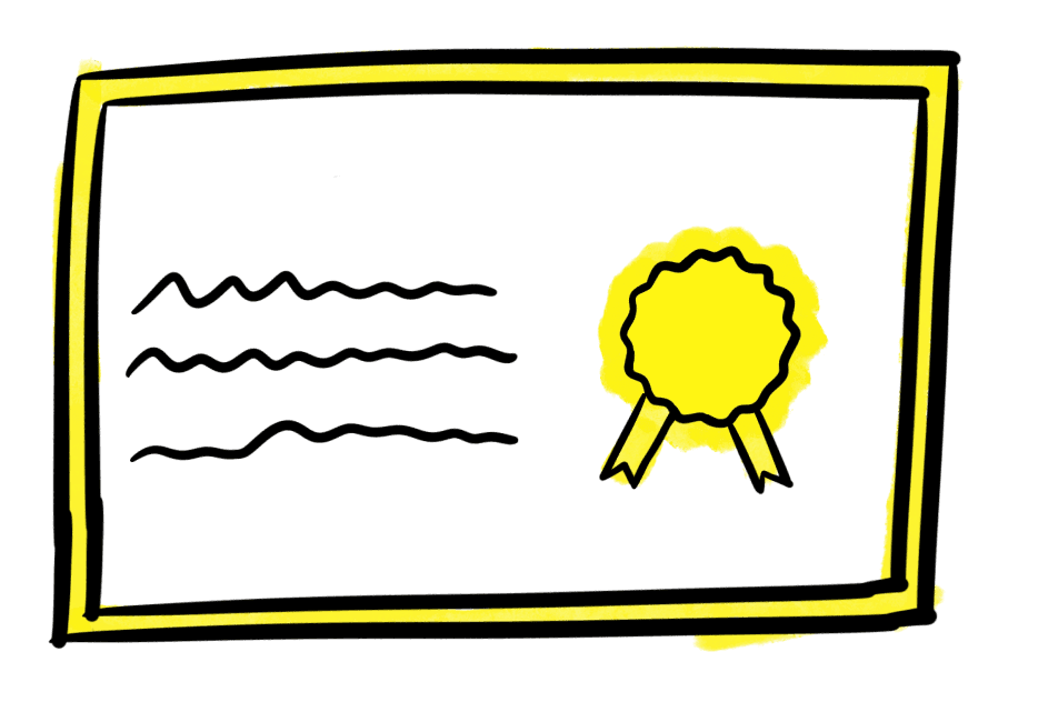 Illustration of a certificate with a gold seal, representing completion and certification in facilitation