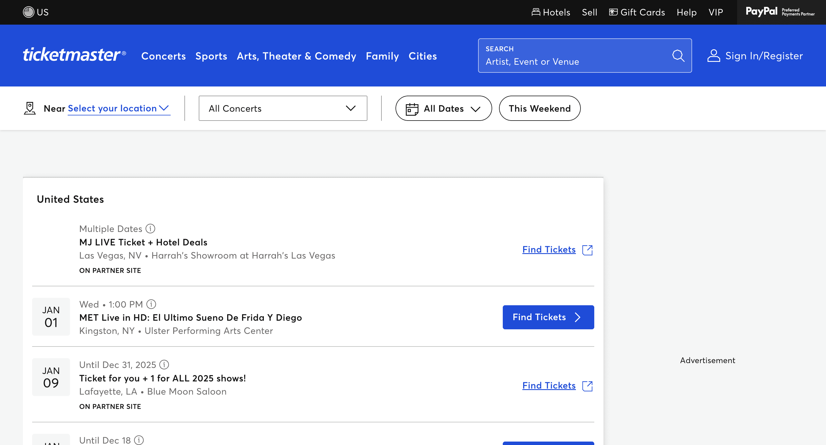 List of events shown in ticketmaster