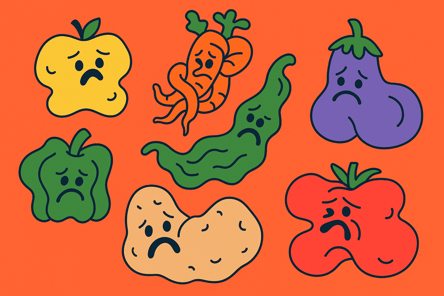 A flat vector illustration of seven highly misshapen, anthropomorphic fruits and vegetables with exaggerated sad expressions. The characters include a lumpy yellow apple, a twisted pair of intertwined orange carrots, a droopy green cucumber, a distorted green bell pepper, a saggy beige potato, a bulbous purple eggplant, and a squashed red tomato. All have thick navy outlines and are set against a bright orange background.