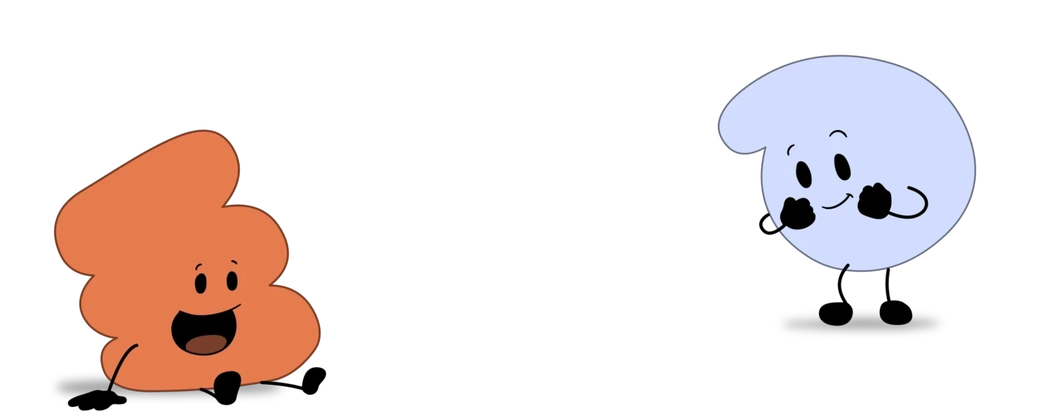Orange blob-shaped cartoon character smiling on the left, facing a light-blue blob character on the right with hands raised near its cheeks.