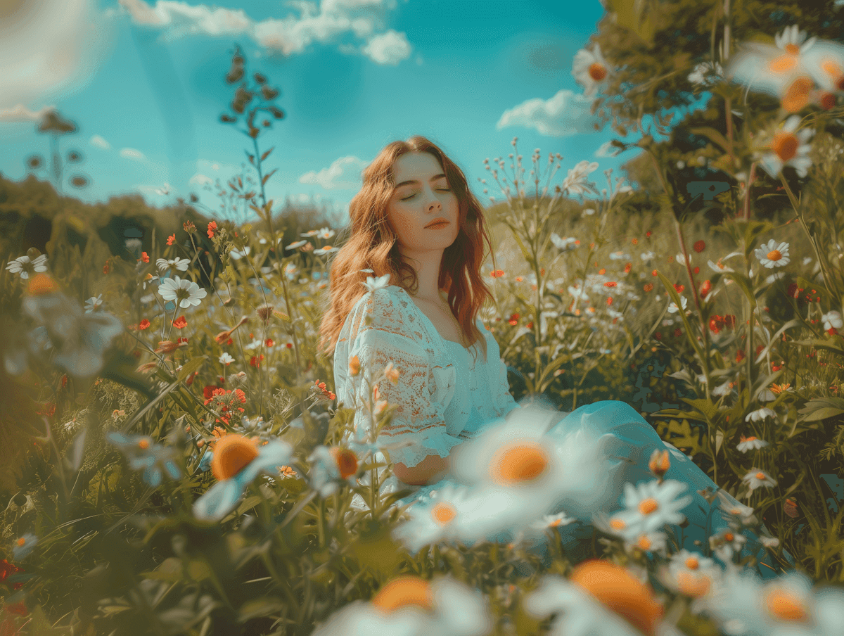 A woman with long, wavy hair sits peacefully in a vibrant meadow filled with blooming wildflowers under a clear blue sky, capturing the essence of serene nature and summer beauty.