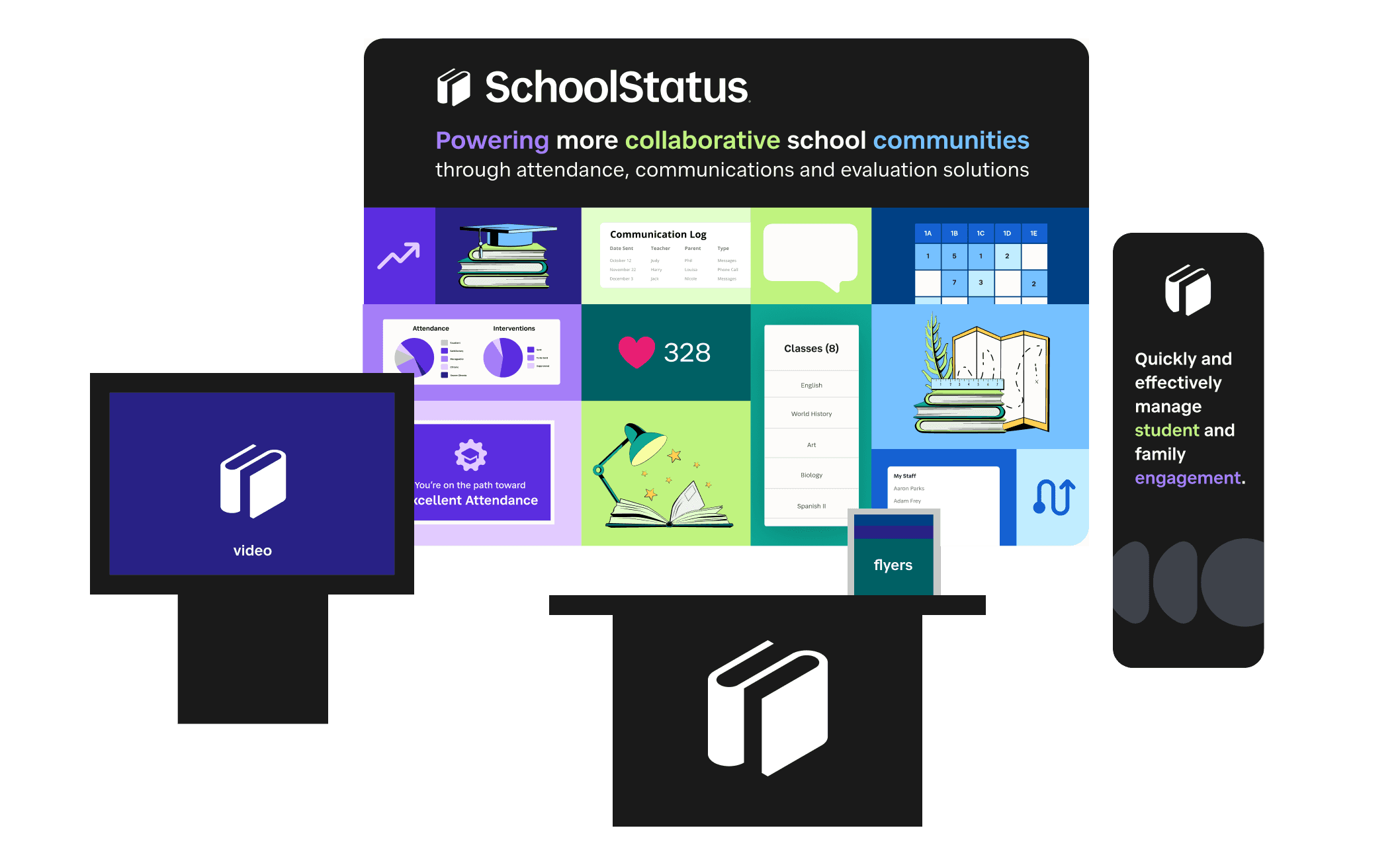 Example tradeshow booth design with booth backdrop, podium, standing banner and digital display for an education in-person event