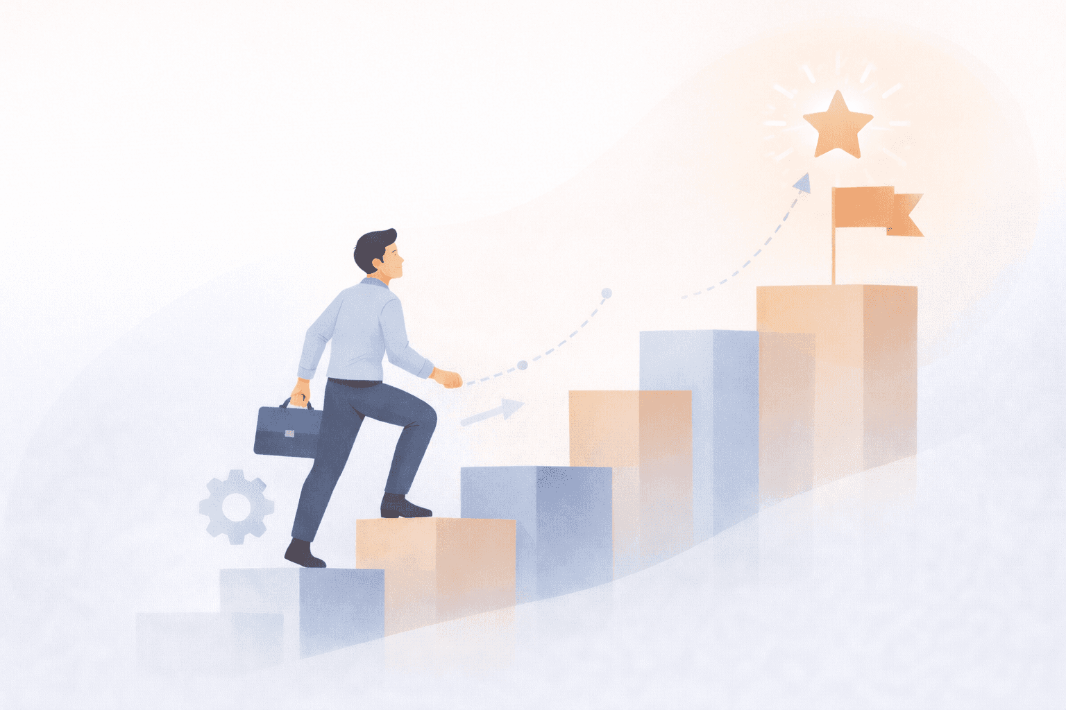 AI-powered upskilling illustration showing a professional worker climbing step-by-step toward a flag and star, symbolizing career growth and closing the skills gap through modern workplace training.