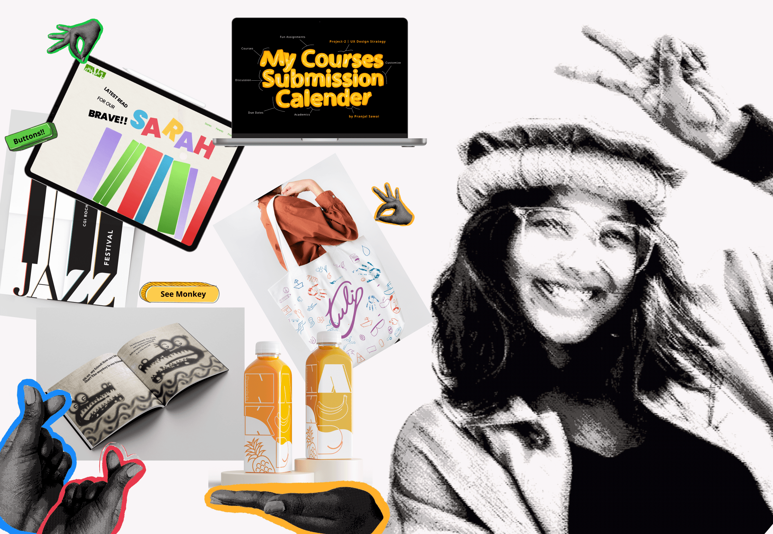 Black and white portrait of a smiling person with curly hair