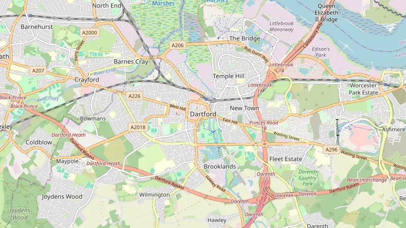 Map showing Dartford in Kent