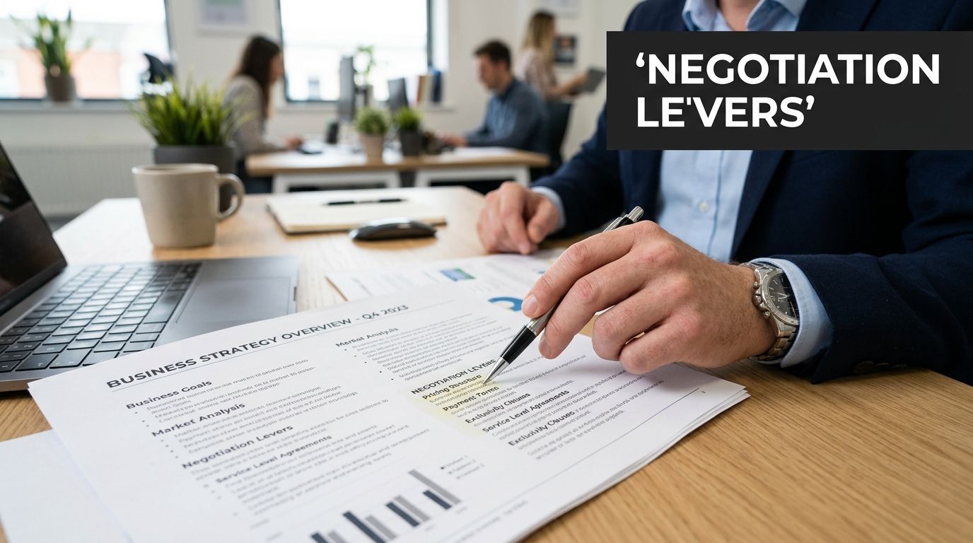 A professional in a suit reviewing a business strategy document with negotiation points at a desk.