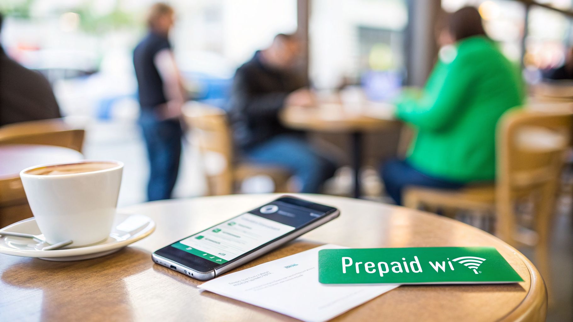 A cafe table features a coffee cup, smartphone, and a 'Prepaid Wi-Fi' card with blurred people in the background.