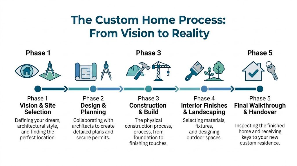 A five-phase infographic outlining the process of building a custom home from initial vision to final handover.
