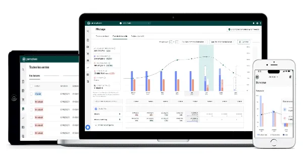 Tablette, ordinateur portable et smartphone affichant un tableau de bord d’analyse d’entreprise avec graphiques et données.