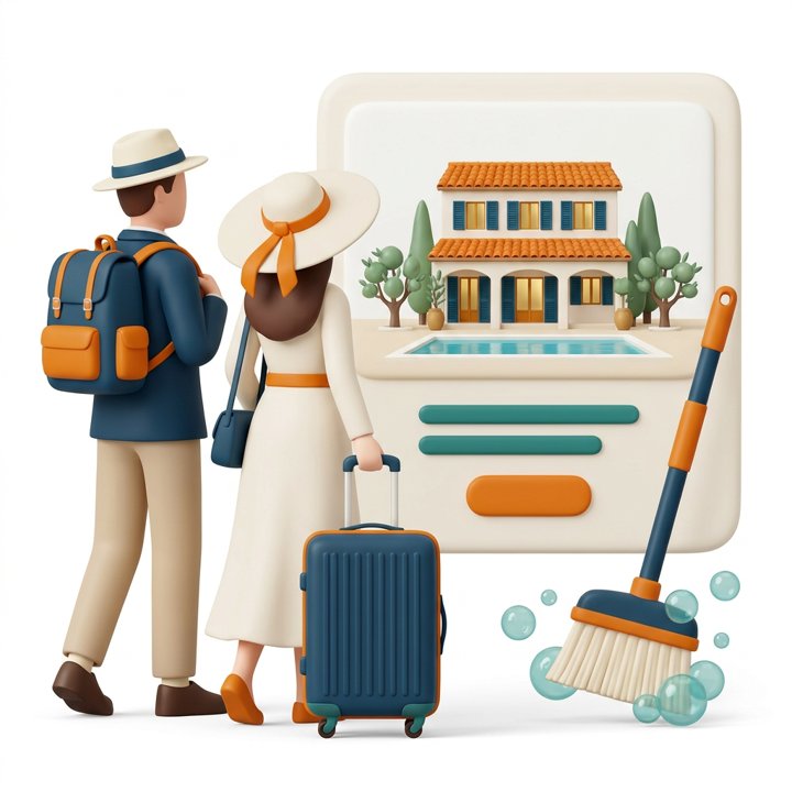 Voyageurs avec bagages devant une annonce de logement
