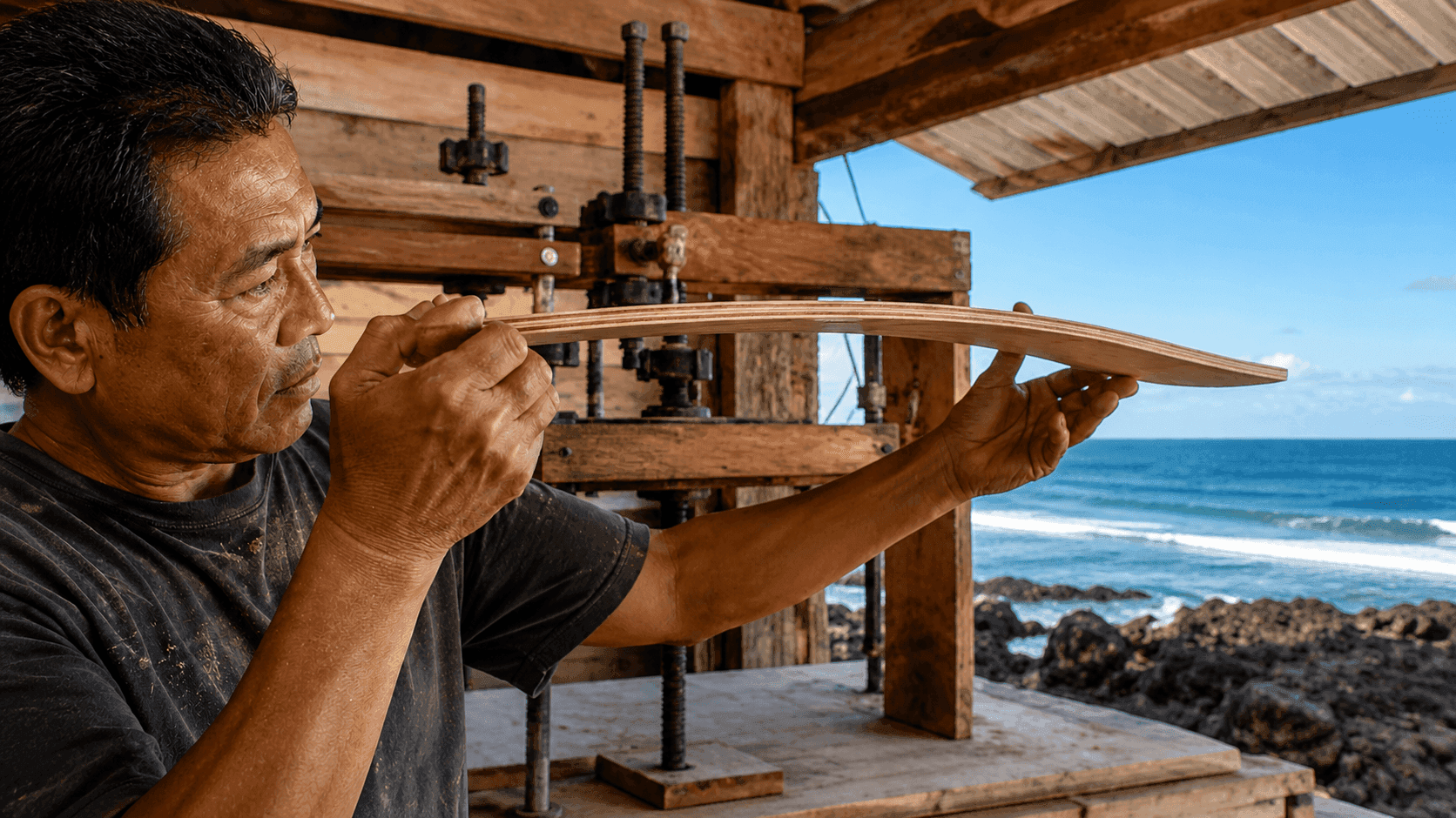 A craftsman checking the curve of a deck