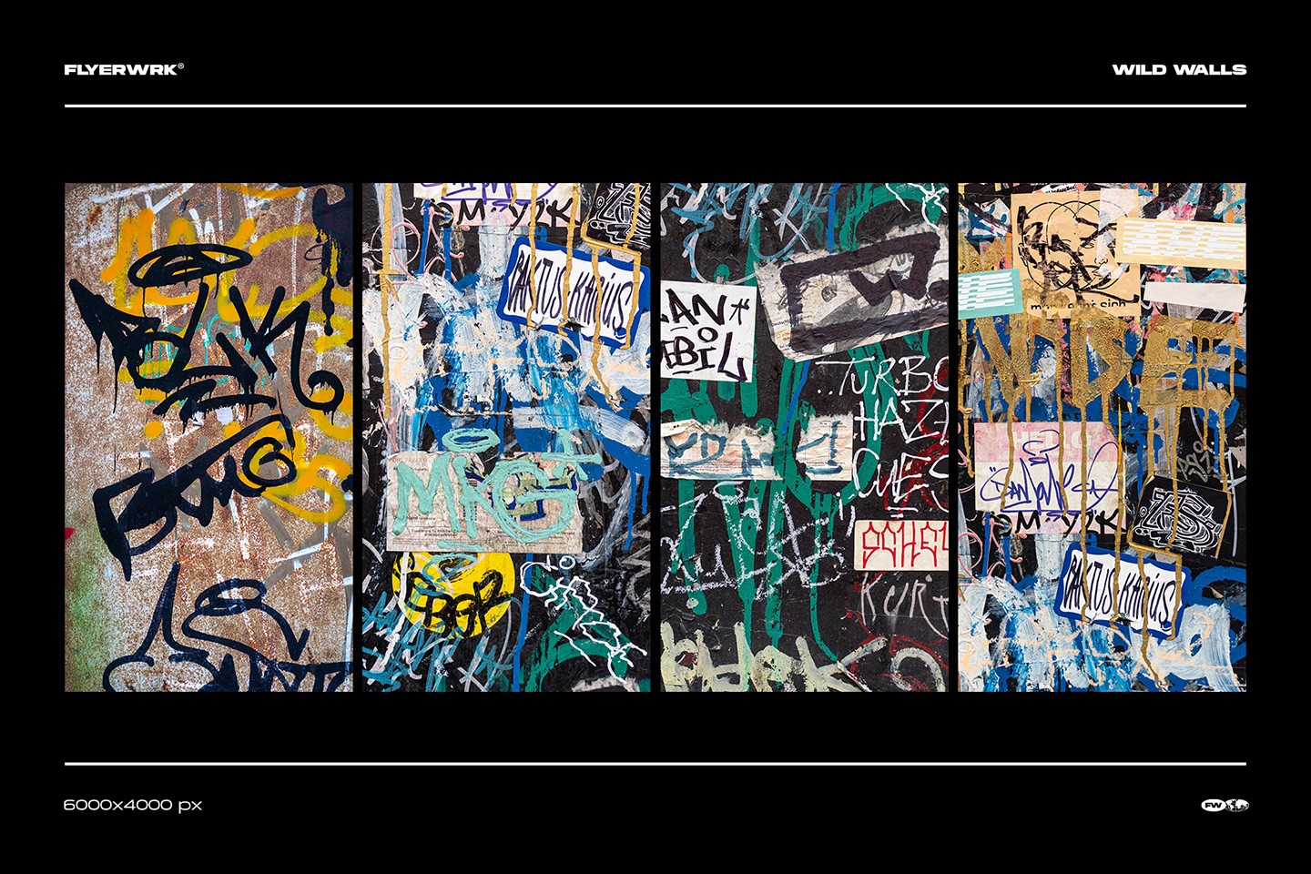 Selection of four wild walls urban backgrounds showing vibrant graffiti stickers and layered street poster textures