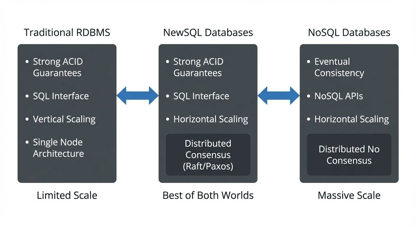 NewSQL architecture bridging traditional RDBMS and NoSQL