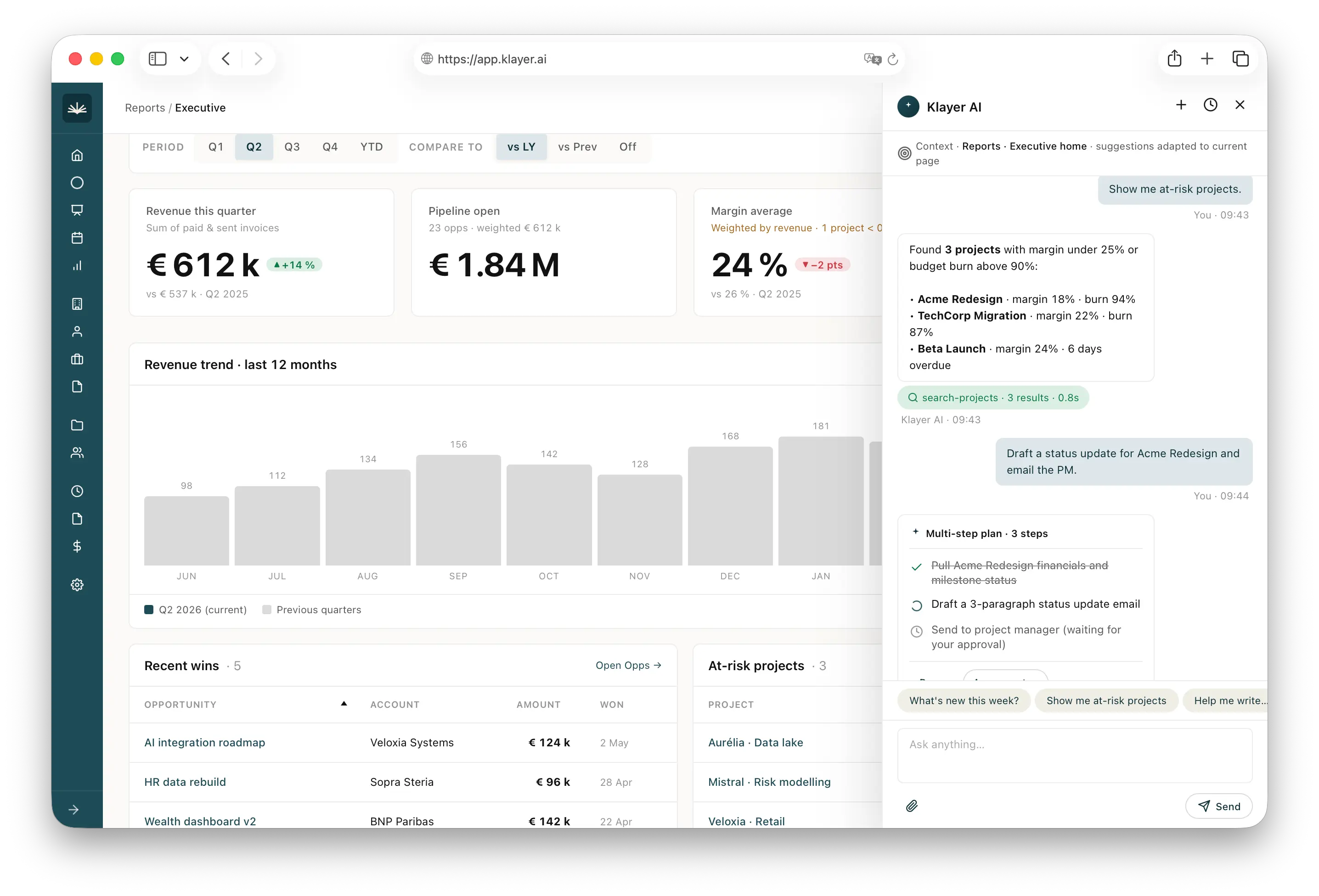 Plateforme Klayer : tableau de bord exécutif et panneau Klayer AI exécutant un plan en autonomie.