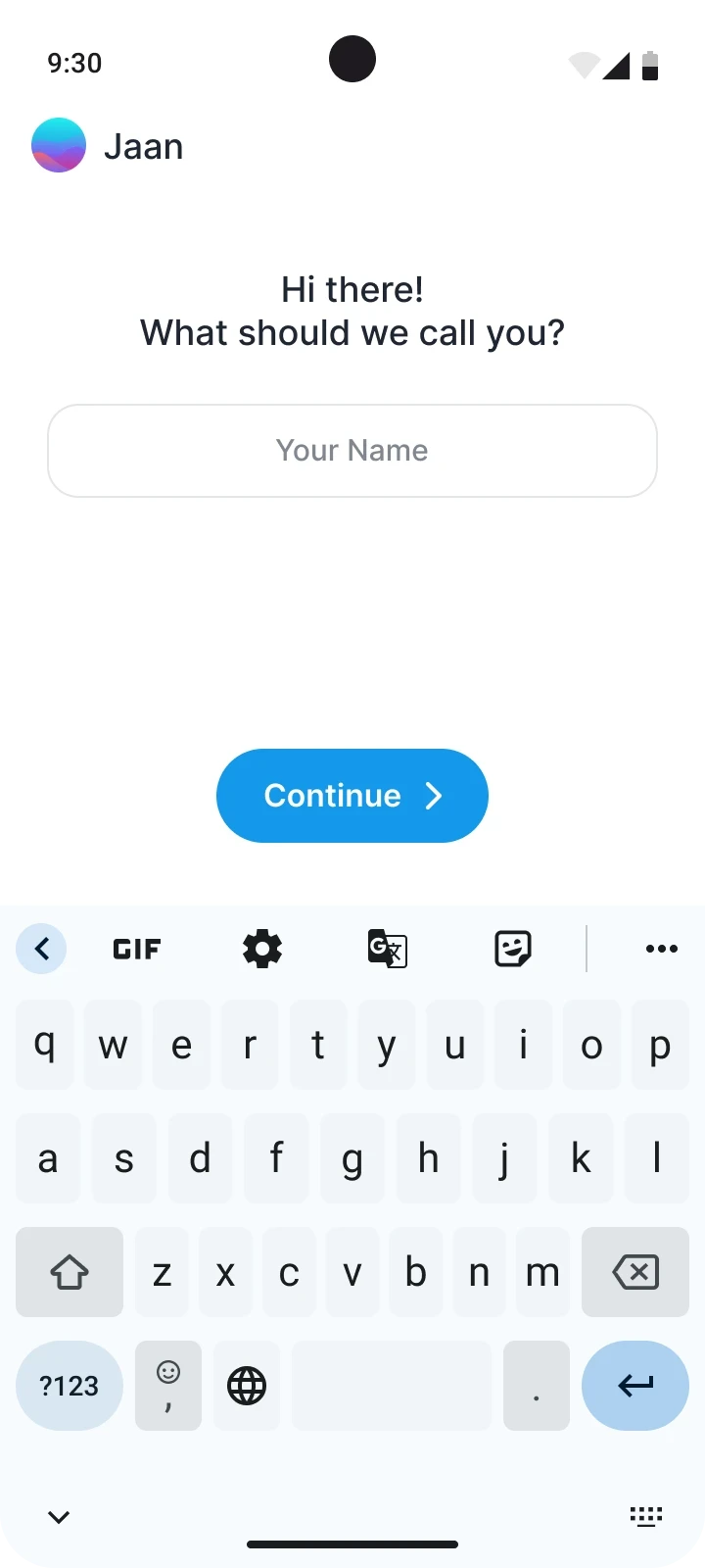 Onboarding screen asking for your name