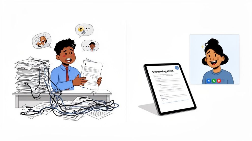 Illustration contrasting chaotic paper-based employee onboarding with a streamlined, digital process on a tablet and video call.