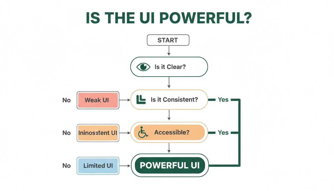 Flowchart evaluating UI power based on clarity, consistency, and accessibility, leading to Weak, Ininossent, Limited, or Powerful UI.