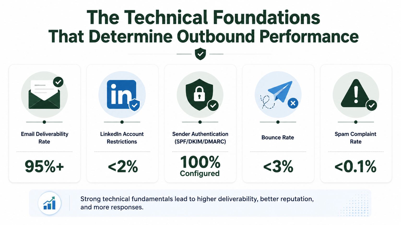 A performance chart showing five key technical metrics that determine success for outbound marketing and sales campaigns.