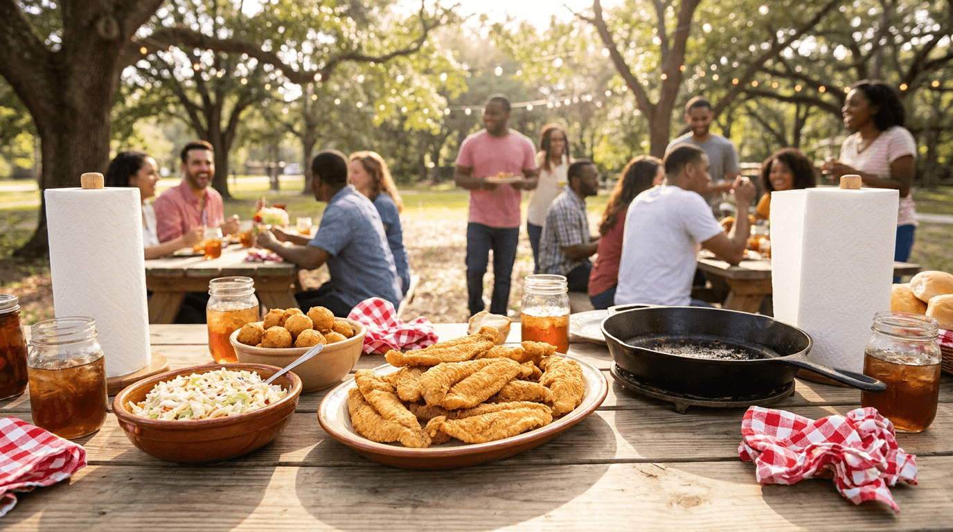 Platter of golden fried catfish with coleslaw and hush puppies at a Southern fish fry