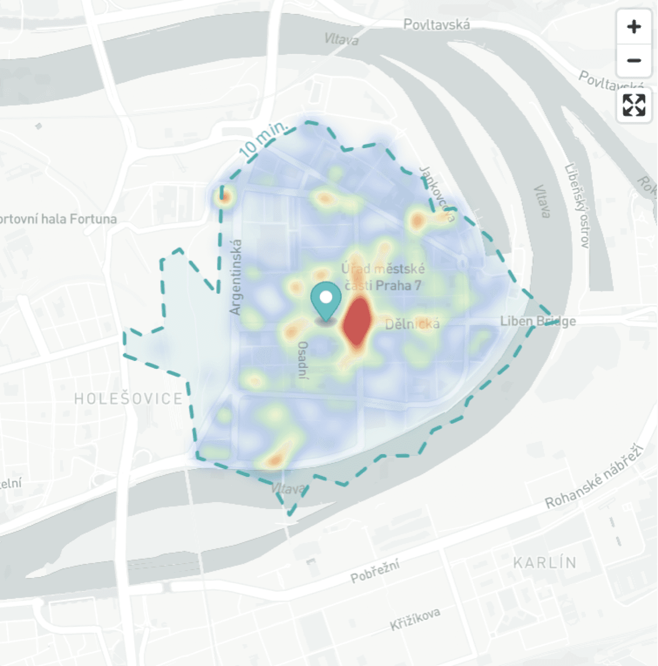 Ohniska bodů zájmu hodnocené lokality pro pobočku pomocí nástroje MarketSpot.